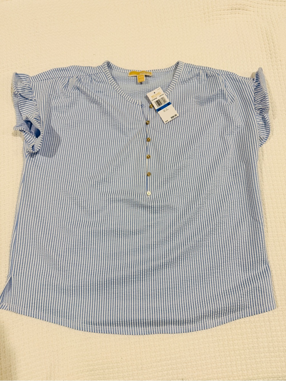Michael Kors Blue and White Striped Henley Top